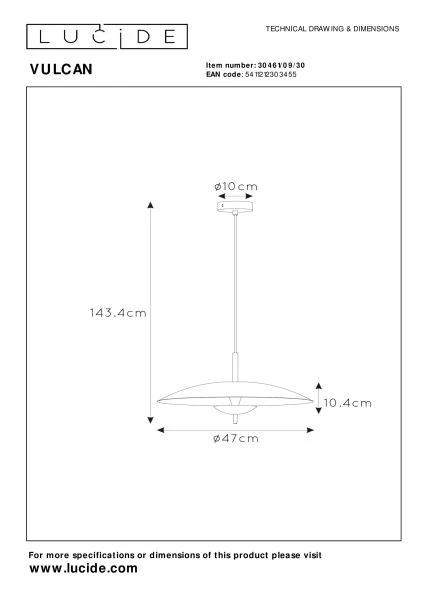 Lucide VULCAN - Pendant light - Ø 47 cm - LED Dim. - 1x9W 3000K - Black - technical